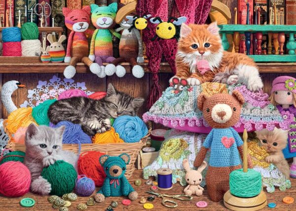 Knitty Kitty eli Kissat-palapelissä on 1000 palaa. Suloiset kissanpennut leikkivät lankakerillä, nukkuvat korissa ja makoilevat tyynyn päällä.