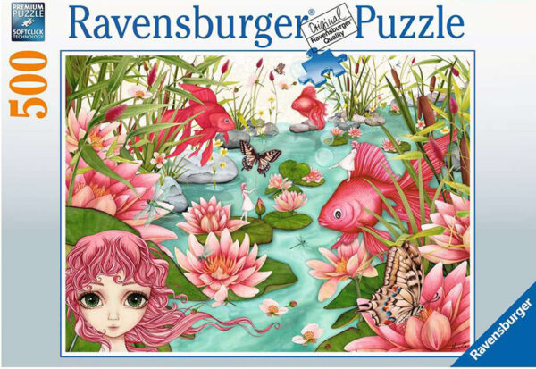 Minu's Pond Daydreams -palapeli Ravensburgerin 500 palan palapeli: punaiset lumpeet, kultakalat ja perhoset sadunomaisessa lampinäkymässä.