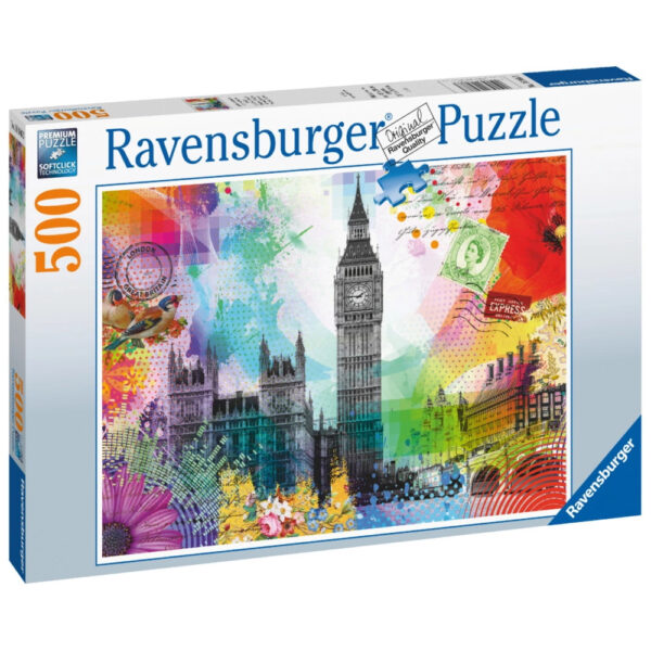 Lontoo postikortti palapeli on Ravensburgerin 500-palainen. Kuvassa lontoolaisia nähtävyyksiä ja brittiläisiä postimerkkejä. Värit ja rakennusten muodot helpottavat postikortti-palapelin kokoamista, joten tämä peli sopii vaikka koko perheen koottavaksi.