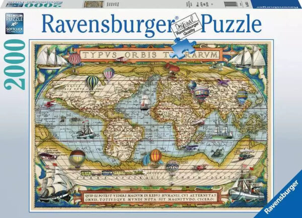 Vanha kartta palapeli 2000 palaa (Aroun the World) on Ravensburgerin peli, jonka kuvaa koristaa vanhan maailmankartan lisäksi kuumailmapallot ja purjelaivat.