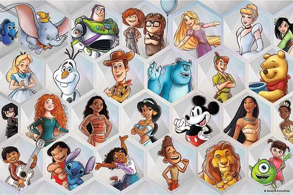 Magic of Disney -palapeli, jossa Disneyn elokuvista ja kirjoista tutut hahmot ihastuttavassa 300 palan palapelissä. Koko 48 x 16 cm. Valmistaja Trefl