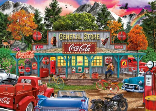 Coca-Cola kauppa palapeli (Coke Store) on Schmidtin 1000-palainen. Nostalgiatyylisessä kuvassa General Store Coca-Cola sekä vanhoja autoja, moottoripyörä ja fillareita parkissa.
