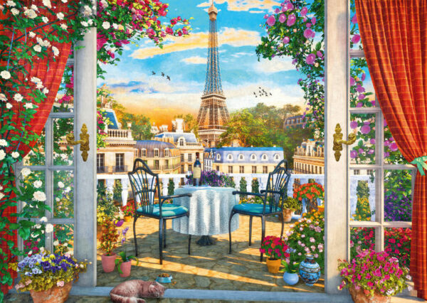 A terrace in Paris, Pariisilainen terassi on 1000 palan palapeli. Palapelin kuvassa terassi, jota koristaa värikkäät kukat. Taustalla näkyy Eiffel-torni.