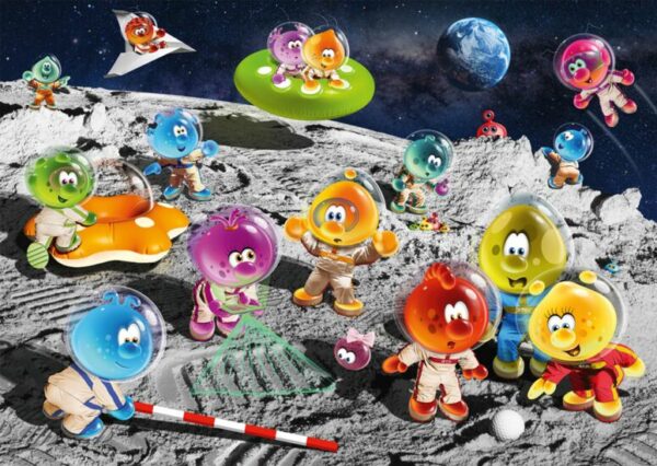 SpaceBubble On the moon -palapeli: SpaceBubble -klubin hahmot seikkailevat kuussa. Palapelissä on 1000 palaa. Koko 69.30 x 49.30 cm. Schmidt Spiele.