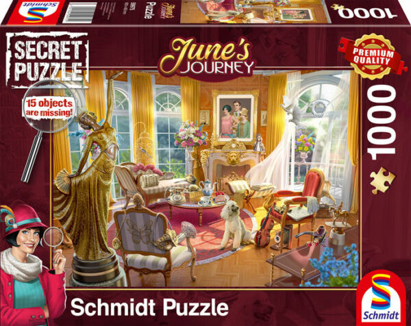 Salon of the Orchid Estate palapeli on Schmidtin June's Journey -sarjan Secret Puzzle. Kuvassa upea olohuone, jossa tyylikäs sisustus  ja tuulessa liehuva verho luovat kesäisen tunnelman.