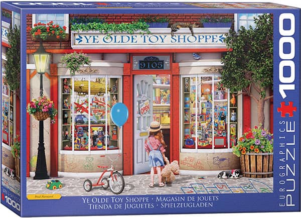 Vanha lelukauppa palapeli on Eurographicsin 1000 palan palapeli. Kuvassa tyttö menee lekukauppaan nallen kanssa. Ikkunoista näkyy paljon ihania leluja. Olen päällä on kyltti Ye Old Toy Shoppe.