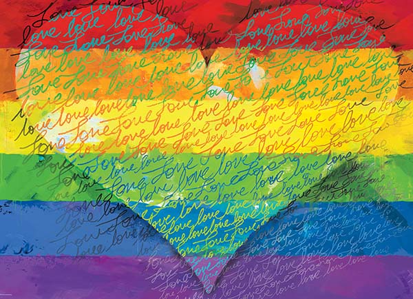 Love & Pride! -palapeli, jossa värit ja tekstit leikittelevät. Palapelissä on 1000 palaa. Valmiin palapelin koko on 67 x 49 cm. Eurographics