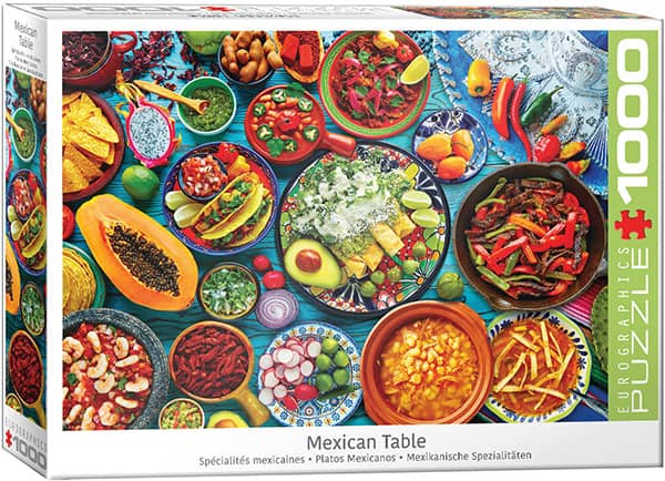 Meksikolainen pöytä palapeli on Eurographicsin 1000 palan palapeli. Kuvassa herkulliset ja värikkäät ruuat houkuttelevat kokoamaan tätä makujen kimaraa. Valmistaja kanadalainen Eurographics.