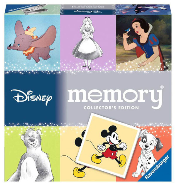 Disney-muistipeli on Walt Disney 100-vuotisjuhlajuhlaisu. Dumbo, Lumikki, Liisa Ihmemaassa, Mikki Hiiri ja muut Disney rakastetuimmat hahmot ihastuttavat jokaisessa muistipelin kortissa. Disney-peli sopii seurapeliksi lasten kesken tai lapset voivat haastaa aikuiset mukaan testaamaan muistia. Pelaaminen kehittää myös kärsivällisyyttä ja opettaa, että aina ei voi voittaa.
