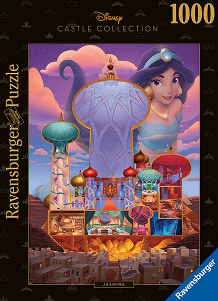 Disney Castles Jasmine -palapeli: Disneyn prinsessa Jasmine esittelee palatsiaan tässä 1000 palan palapelissä. Koko 50 x 70 cm. Valmistaja Ravensburger