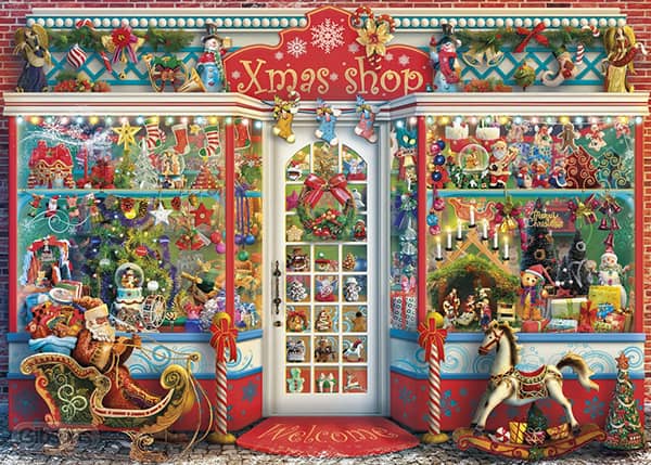 Christmas Emporium -palapeli: Joulukoristeita, kyntteliköt ja vaikka mitä ihanaa joulutavaraa Xmas shop -joulukaupan ikkunassa. Gibsonsin 1000 palan palapeli.