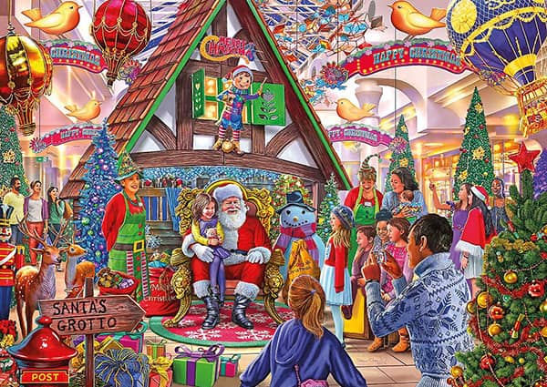 Visit Santa -palapeli: Joulupukki on ottanut tytön syliinsä ja vanhemmat kuvaavat. Tavaratalo on valmistautunut jouluun. Koko 68 x 49 cm. Valmistaja Gibsons