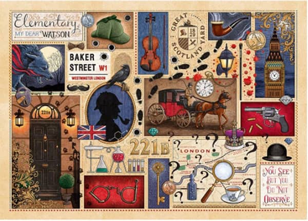 Book Club Sherlock Holmes -palapeli vie yksityisetsivän maailmaan. Kuvasta löytyy Lontoon kartta, yksityisetsivän hattu ja muita tavaroita. Gibsonsin 1000 palan palapeli.