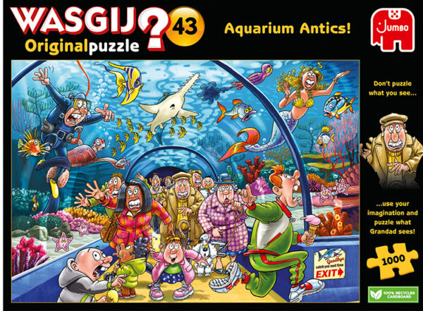 Wasgij Original 43 Aquarium Antics on 1000 palan palapeli, joka vie kokoajan merimaailmaan. Valmiin pelin koko 68 x 49 cm. Valmistaja Jumbo