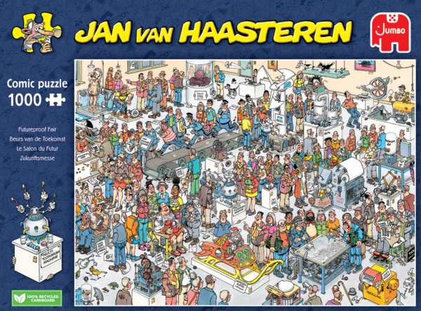 Jan van Haasteren Tulevaisuuden messut palapeli (Futureproof Fair) on 1000 palan palapeli. Kuvassa sattuuu ja tapahtuu vaikka mitä!