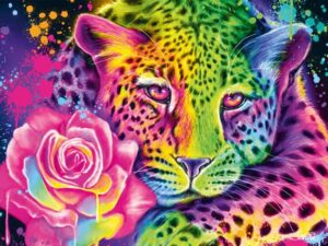 Neon Rainbow Leopard: Sheema Piken kuvittama Leopardi-palapeli tarjoaa värienergiaa. Neonvärein kuvitettu leopardi lepää ruusun katveessa. 1000 palaa.
