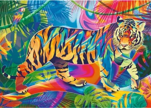 Tiikeri vaeltaa viidakossa 500 palan palapelissä. Värikkäät kasvit heijastavat värikkään varjon tiikerin selkään. 