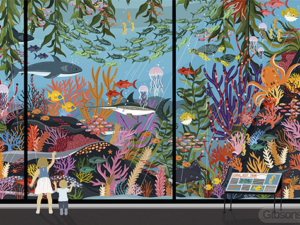 Aquarium-palapeli, jonka kuvassa valtavassa akvaariossa uiskentelee hait, kilpikonnat, mustekala, värikkäät kalat. Korallit hehkuvat eri väreissä.