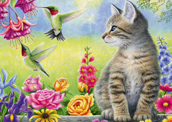 Kissa ja kolibrit palapeli on Alipsonin 500 palan palapeli. Kuvassa kissa katselee, kun kolibrit nauttivat kukkien medestä. Värikkäät kukat helpottavat palapelin kokoamista, kun voit aloittaa vaikka kukista.
