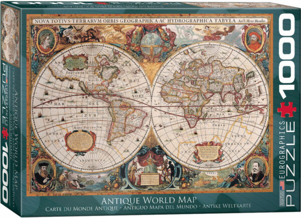 Antiikkinen maailmankartta palapeli (Antique World Map) on Eurographicsin 1000-palainen. Kuvassa karttaa reunustaa tutkimusmatkailijoiden kuvat.
