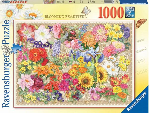 Blooming beautiful palapeli on Ravensburgerin 1000-palainen, jonka kuva-alan peittää upeat, värikkäät kukat. Löydätkö tuttuja puutarhan kukkia? Pieni Harrastepuoti