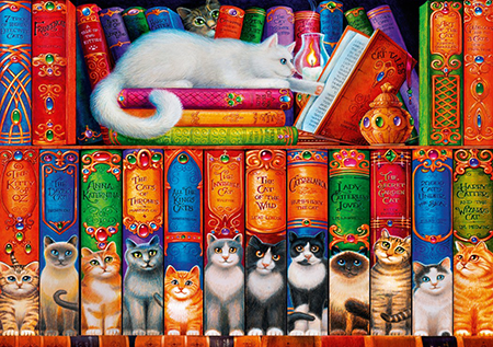 Cat Bookshelf -palapeli on Kissat ja kirjat -palapeli, jossa kirjan selkämyksissä kissojen kuvia. Tutut tarinat ovat saaneet kissamaiset nimet! 1000 palaa.