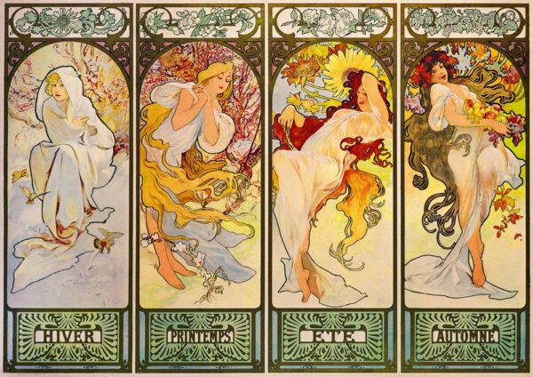 Mucha Four Season palapeli, Neljä vuodenaikaa, 1900, on 1000 palan palapeli. Muchan teos on klassinen, art nouveau-tyylinen. Taidepalapelissä on 1000 palaa.