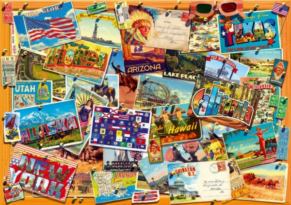 Postcard-palapeli: kuvassa amerikkalaisia eri osavaltioiden postikortteja. 1000 palainen palapeli. Valmiin palapelin mitat 68 x 48 cm. Valmistaja Bluebird.