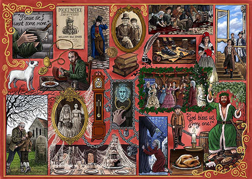 Charles Dickens -palapeli on Gibsonsin Book Club -sarjaa. Palapelin kuvassa Dickensin elämään liittyviä piirroskuvia hienona kollaasina. 1000 palaa, Valmistaja brittiläinen Gibsons.
