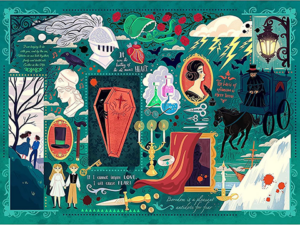 Gothic Novels -palapelissä on kirjoihin liittyviä piirroskuvia, jotka muodostavat upean kollaasin. Kuva on kuin taidepalapeli. 1000 palaa, valmistaja Gibsons.