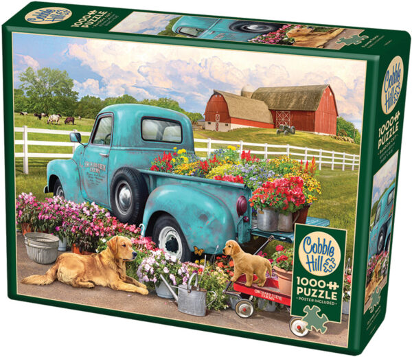 Flower Truck palapeli on Cobble Hillin 1000 palan palapeli, jossa pickup on lastattu täyteen kukkia. Koirat pitävät lopuille kukille seuraa.
