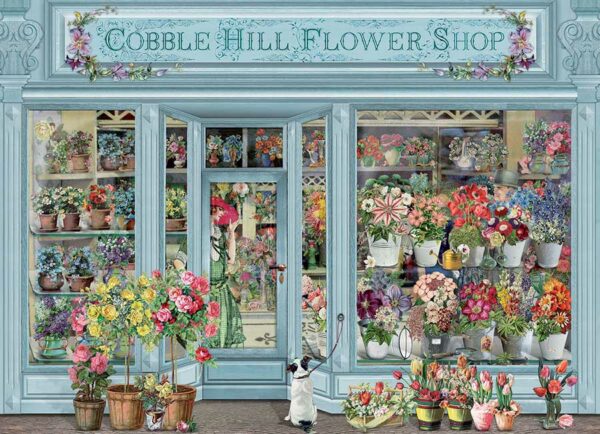 Pariisilainen kukkakauppa palapeli on Cobble Hillin 1000 palan palapeli. Kyltissä lukee Cobble Hill Flower Shop ja kaupan ikkuna on täynnä kukkia.