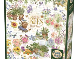 Cobble Hill Save the Bees palapeli on 1000-palainen. Kuvassa värikkäät kukat, joissa mehiläiset viihtyvät. Pelasta mehiläiset -peli on kiva koottava, koska kuvassa on kukkien yhteydessä niiden nit ja tietoa kasveista. Kuvassa on myös tietoa mehiläisistä. Cobble Hillin palat eivät kiillä ja ne ovat yksilöllisiä, sopivat siis vain omille paikoilleen.