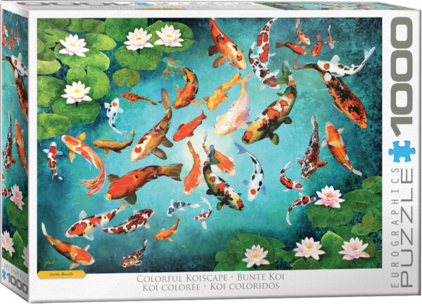 Koi-kalat palapeli (Colorful Koi) on Eurographicsin 1000-palainen. Kuvassa värikkäät kalat uivat lumpeiden joukossa. Kuva on kuin japanilainen taulu, jonka voisi ripustaa seinälle.   Eurographicsin palapelit on leikattu SmartCut-tekniikalla. Eli palat ovat monimuotoisia ja yksilöllisiä, kuten pienempää tai isompaa palaa, kaarevalla reunalla tai samalla reunalla voi olla useampi nuppi.