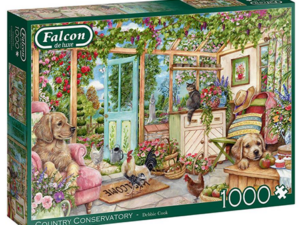 Country Conservatory palapeli on Falconin 1000-palainen. Kissat ja koirat oleskelevat ihanassa kasvihuoneessa, jossa kukat ja kasvit viihtyvät.