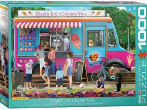 Danin jäätelöauto palapeli on Eurographicsin 1000-palainen. Kuvassa turkoosi-pinkki jäätelöauto on parkissa ja myyjä ojentaa jäätelöt lapsille. 