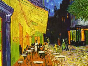 Cafe Terrace at Night -palapeli: Vincent van Gogh kuvasi öistä katukahvilaa voimakkain värein. 1000 palan palapeli. Koko 48 x 68 cm. Enjoy