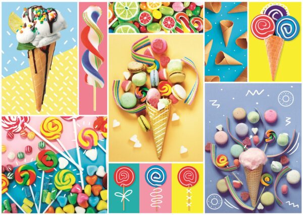 Favorite Sweets -palapeli, jossa värikkäät herkut: Jäätelöä, tikkareita. 500 palan palapeli. Koko 48 x 34cm. Valmistaja Trefl