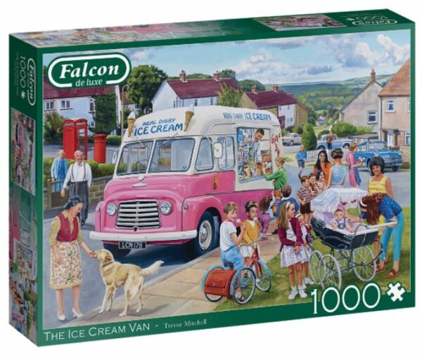 Jäätelöauto palapeli on Falconin 1000-palainen. Kuvassa ihanan kesäinen päivä ja ihmisiä ostamassa jäätelöä. Britannialainen kylämaisema vie menneisiin kymmeniin. 