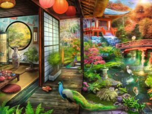 Japanilainen puutarha 1000 palan palapeli on Ravensburgerin valmistama. Kuvassa japanilaisessa puutarhassa oleva teehuone, jonka terassilla upea riikinkukko. Puutarhan värikkäät puut ja pensaat kertovat japanilaisesta puutarhakulttuurista. 