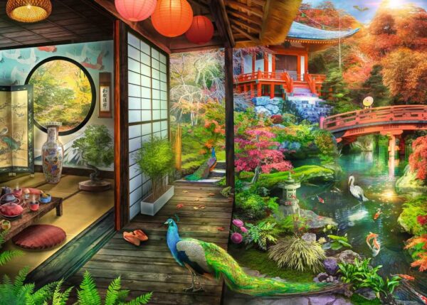 Japanilainen puutarha 1000 palan palapeli on Ravensburgerin valmistama. Kuvassa japanilaisessa puutarhassa oleva teehuone, jonka terassilla upea riikinkukko. Puutarhan värikkäät puut ja pensaat kertovat japanilaisesta puutarhakulttuurista. 