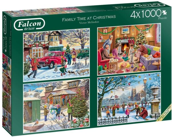 Family Time at Christmas -palapelit kuuluvat Falconin multipakkaukseen. Palapelilaatikossa on neljä ihastuttavaa joulu-aiheista 1000 palan joulupalapeliä. Palapelien mukana on jokaisesta palapelistä julistekuva auttamassa kokoamisessa. Valmiin palapelin koko 69 x 49 cm. Palapelin valmistaja Falcon de Luxe. 