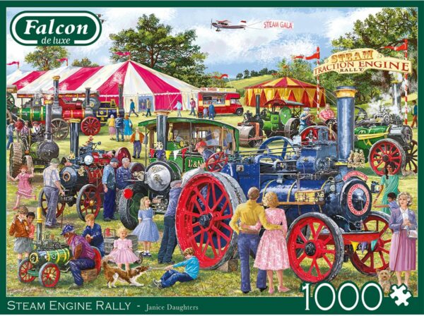 Steam Engine Rally palapeli esittelee vanhoja työkoneita. Falconin palapelissä on 1000 palaa. Kuva on vintagetyylinen ja sen on kuvittanut Janice Daughters.