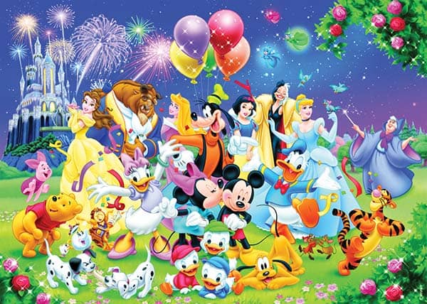 The Disney Family -palapeli: Lumikki, Nalle Puh, Kaunotar ja Hirviö, Prinsessa Ruusunen, Tikru, Hessu Hopo ja Pluto. Nathanin 1000 palan palapeli.