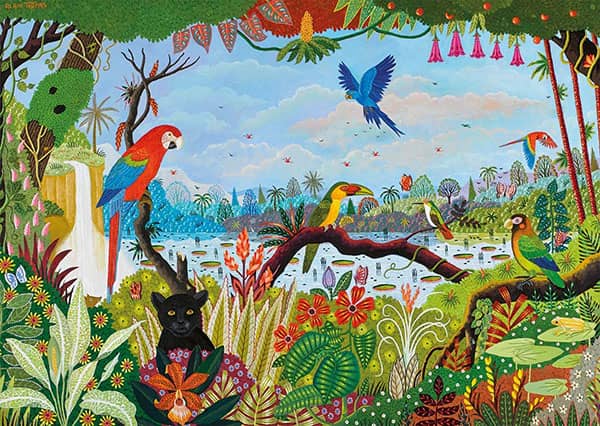Animated Jungle -palapeli: Papukaijat, pantteri, tukaani ja värikkäät viidakon kasvit upeassa Nathanin 1500 palan palapelissä.  Valmiin palapelin koko 84 x 60 cm.