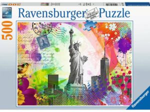 New York postikortti palapeli on Ravensburgerin 500-palainen. Kuvassa New Yorkin nähtävyyksiä ja amerikkalaisia postimerkkejä. Värit ja rakennusten muodot helpottavat postikortti-palapelin kokoamista, joten tämä peli sopii vaikka koko perheen koottavaksi.