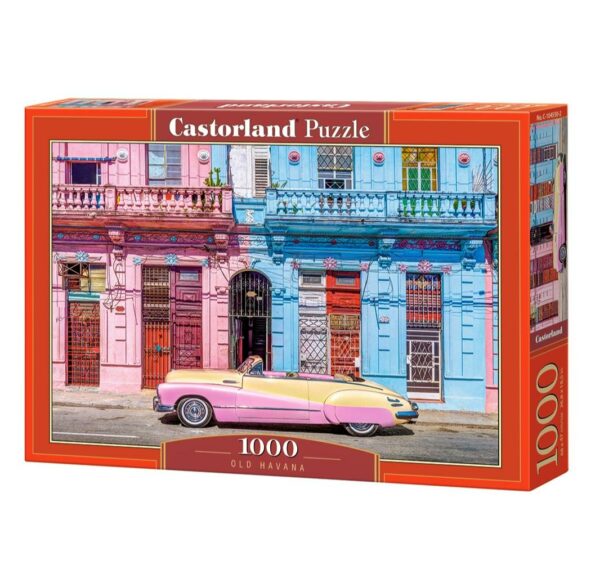 Vanha Havanna palapeli on Castorlandin 1000-palainen. Kuvassa vaaleanpunainen auto odottaa ihastuttavassa vanhassa katumaisemassa Kuuban pääkaupungissa Havannassa. 