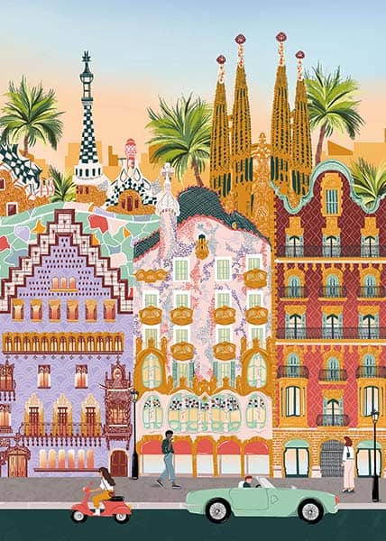 Barcelona-palapelissä kaupungin erikoiset rakennukset viehättävät. Barcelona on 1000 palan palapeli. Kuvitus Katy Simply. Valmistaja Pieces & Peace
