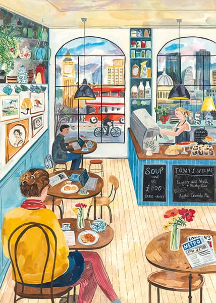 London Cafe -palapeli: Lontoolaisessa kahvilassa on leppoisa tunnelma. 2000 palan palapeli. Taiteilija Miranda Sofroniou.  Valmis koko on 98 x 69 cm. 