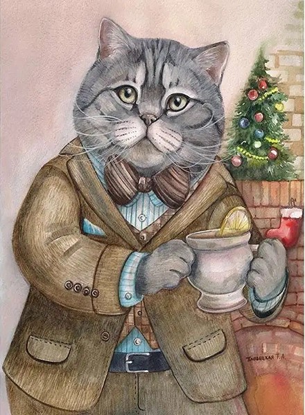 Rusetti kaulassa ja pikkutakki päällä kertoo, että kissalla on juhlan aika. Joulukuusi näkyy taustalla. British Cat -palapelissä on 1000 palaa.